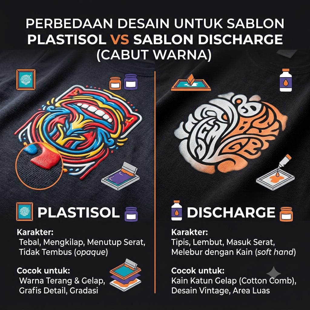 Perbedaan Desain untuk Sablon Plastisol vs Sablon Discharge