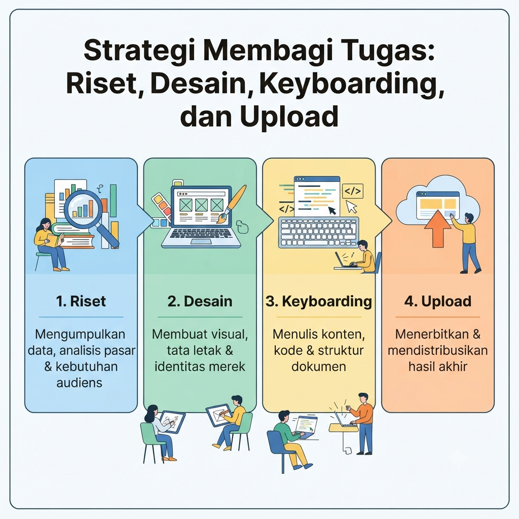 Strategi Membagi Tugas: Riset, Desain, Keyboarding, dan Upload