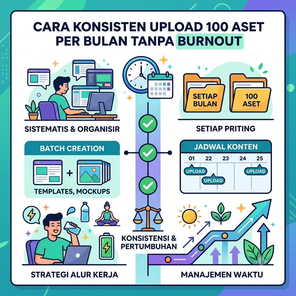 Cara Konsisten Upload 100 Aset Per Bulan Tanpa Burnout